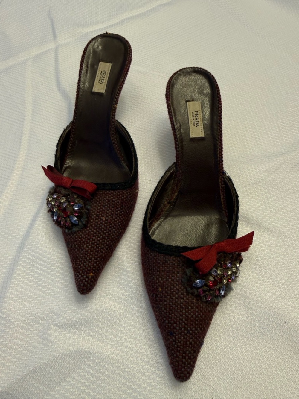 Prada Burgundy Pointed-Toe Beaded Bow Mules